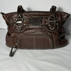 B Makowsky Leather Bucket Hobo Handbag Brown Studded Biker Cheetah Lined Zip